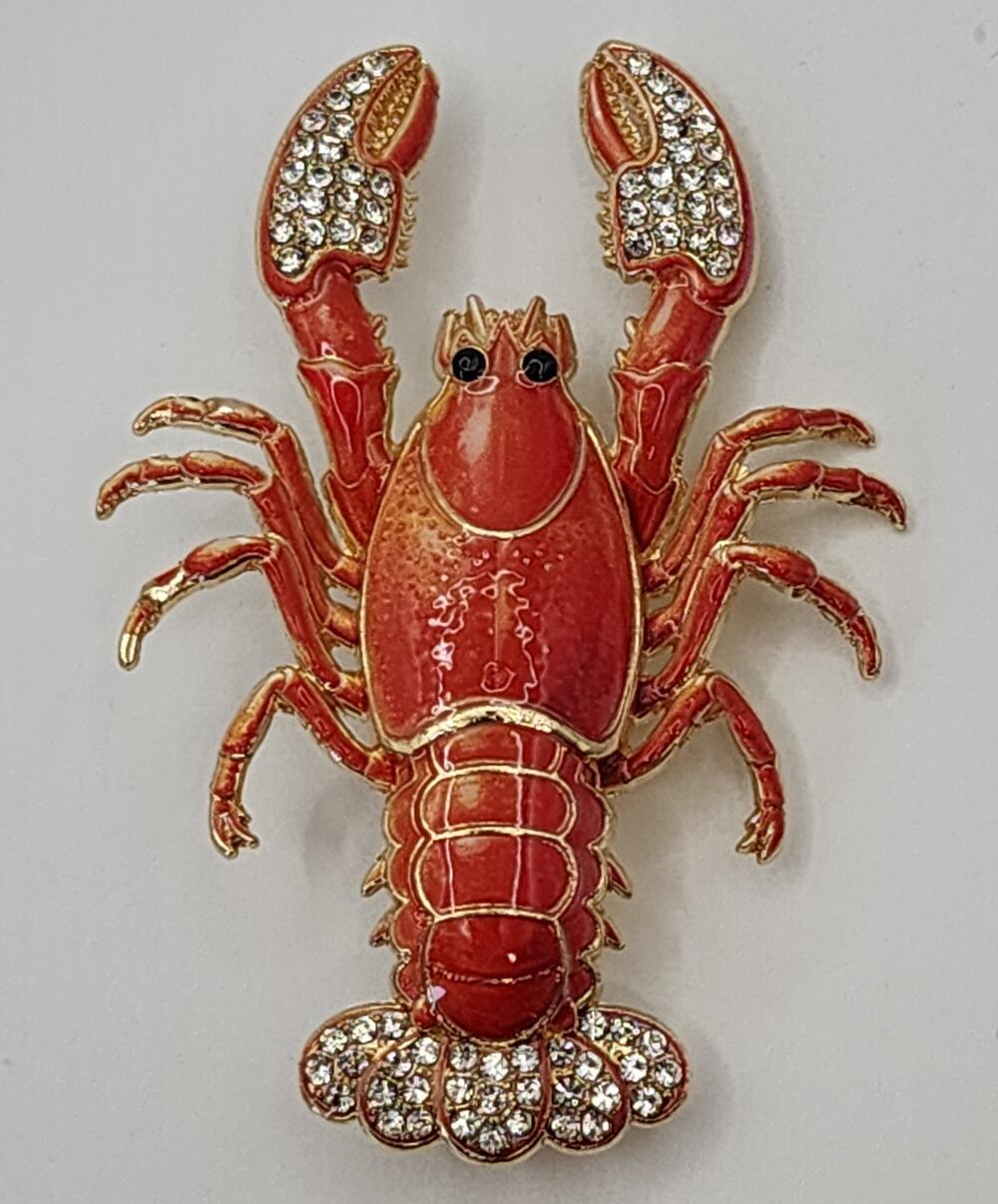 Red Enamel Lobster Brooch Pin with Rhinestone Accents on Claws & Tail